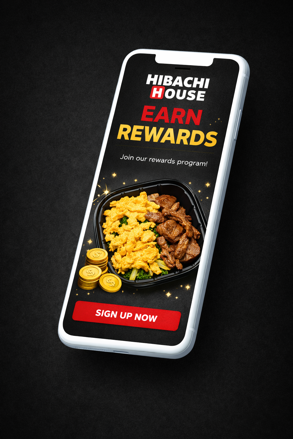 Hibachi House Rewards screen showing hibachi bowl with gold coins and sparkles